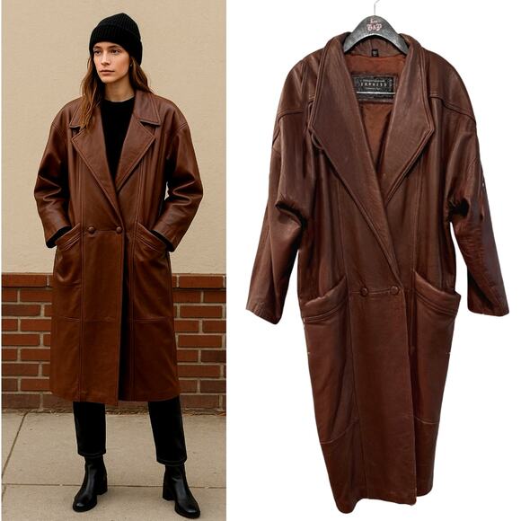 Express S Vintage 90s Oversized Leather Trench Coat Long Slouchy Jacket Brown - Picture 1 of 13